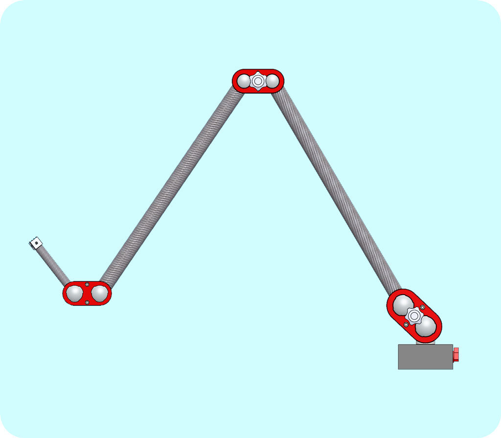Rendered CAD view of a grey two-link arm with red joints on a pale cyan background, with a gray base block at the lower right.